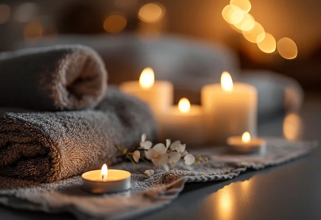 Serviettes roulées, bougies allumées et fleurs pour une ambiance spa relaxante à Houdan dans les Yvelines 78