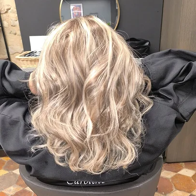 Femme aux longs cheveux blonds ondulés vus de dos, assise dans un salon.