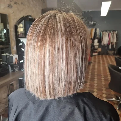 Coupe au carré, mèches blondes et caramel, vue arrière dans un salon.